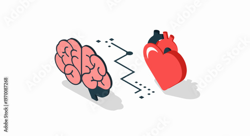 Isometric Illustration of Brain and Heart Connection Representing Emotional Intelligence and Balance Between Logic and Feeling