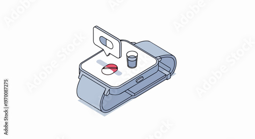 Isometric Smartwatch Medication Reminder Icon. Digital Health App Notification for Taking Pills and Water. Wearable Technology Healthcare Concept.
