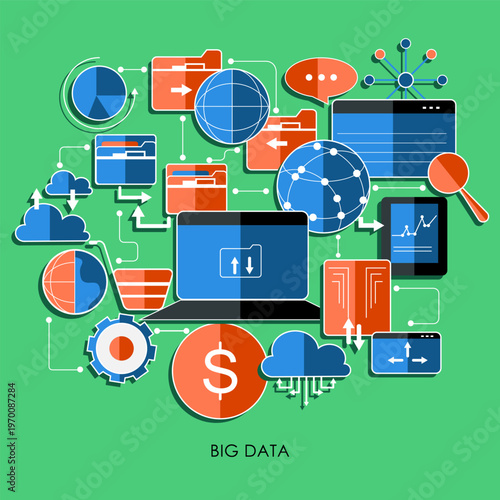 Big Data Analytics Vector Illustration – Cloud Computing, Data Flow, Network Technology, Modern Infographic Design