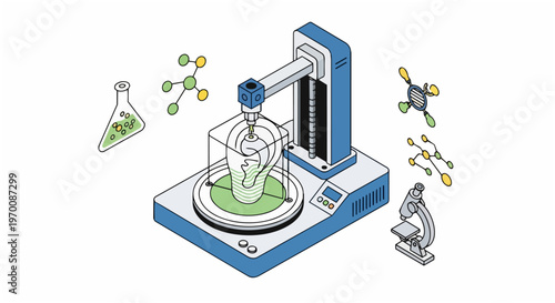Isometric 3D Bio-Printer Printing Lightbulb Concept with Laboratory Equipment and Molecules
