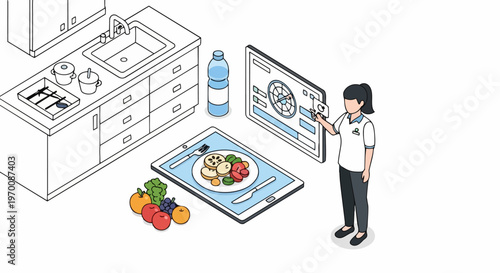 Isometric Nutrition Tracking App Concept with Healthy Food and Kitchen Interior