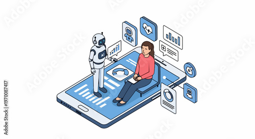 AI Healthcare Assistant: Isometric illustration of a woman consulting a medical robot on a smartphone for health data analysis and diagnosis.