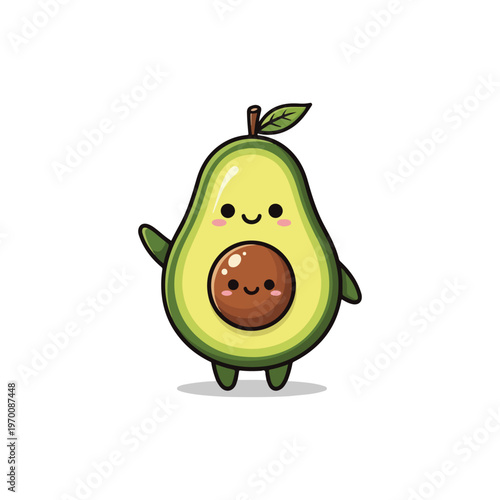 Kawaii avocado cartoon character illustration, halved fruit showing light green flesh and a large brown pit with smiling faces, waving hand, small legs, and green leaf on white background.