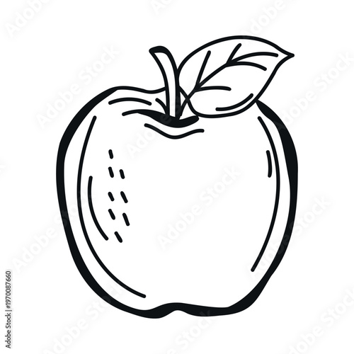 Hand-drawn illustration of a simple apple with a green leaf, featuring a smooth surface and subtle shading, suitable for educational or decorative purposes