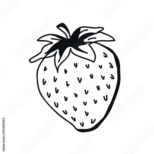 Hand-drawn illustration of a ripe strawberry with green leaves and seeds, featuring a simple black outline on a white background for design and educational purposes