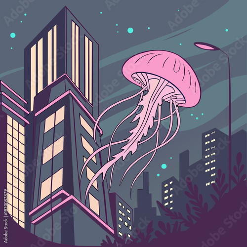 A jellyfish floating through a futuristic cityscape, emitting pink bioluminescence. 1