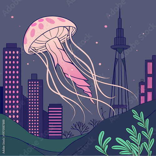 A jellyfish floating through a futuristic cityscape, emitting pink bioluminescence.
