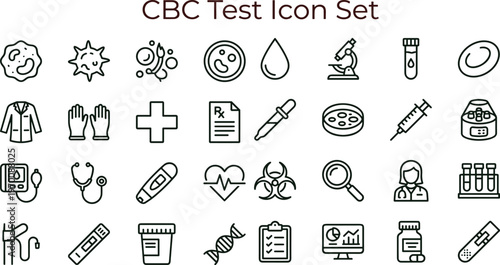 CBC test outline icon set with complete blood count laboratory diagnostics hematology sample analysis healthcare symbols for medical apps dashboards interfaces