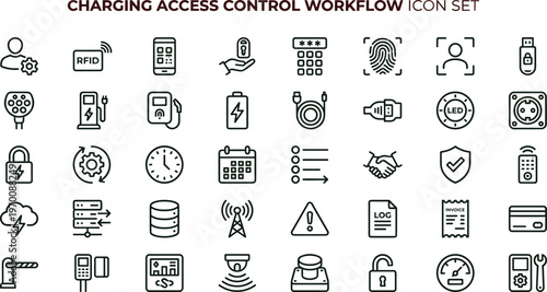 Charging access control workflow outline icon set featuring authentication security station permission symbols for electric vehicle apps websites dashboards presentations interface design