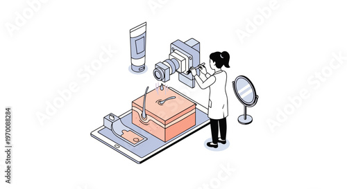 Isometric Dermatology Illustration of Scientist Analyzing Skin Layers and Hair Follicles on a Tablet with Digital Scanner for Skincare Technology and Medical Research Concept