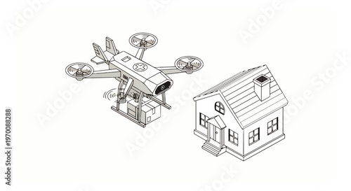 Isometric Line Art Illustration of a Medical Delivery Drone Transporting a First Aid Package to a House