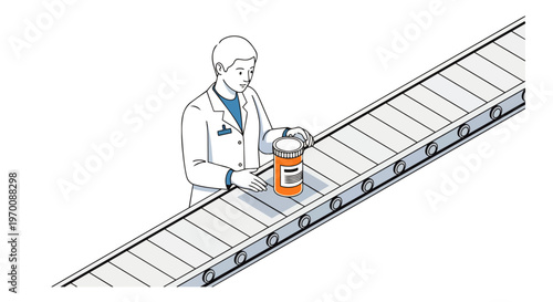 Pharmacist in White Lab Coat Placing Medicine Bottle on Conveyor Belt, Pharmaceutical Manufacturing and Healthcare Production Line Isometric Illustration