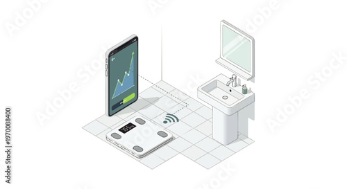 Modern Isometric Smart Scale and Smartphone App for Health Tracking, Weight Management, and Digital Fitness Data Monitoring in a Bathroom Setting