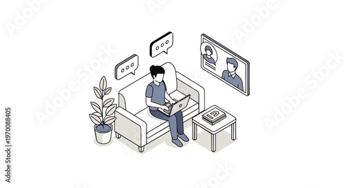 Isometric Woman Working from Home with Laptop and Video Conference Screen