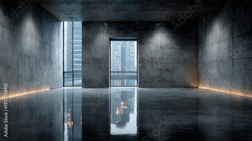 Modern Concrete Interior Space with Urban Cityscape View