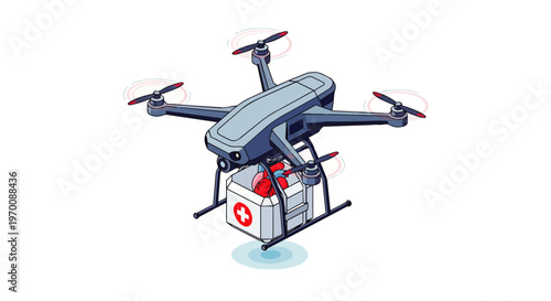 Medical Delivery Drone Carrying Human Heart for Emergency Organ Transplant, Isometric Healthcare Logistics Technology Illustration