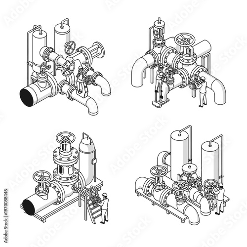 Isometric view of industrial piping systems with valves and tanks.
