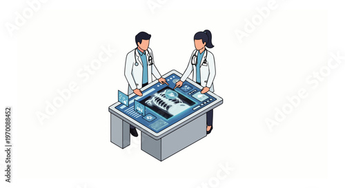 Isometric Medical Doctors Analyzing Chest X-ray on Interactive Digital Touch Table, Futuristic Healthcare Technology and Diagnostics Concept Illustration