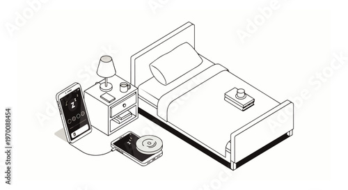 Isometric line art illustration of a modern bedroom with smartphones featuring sleep tracking apps, emphasizing digital wellness and smart home technology.