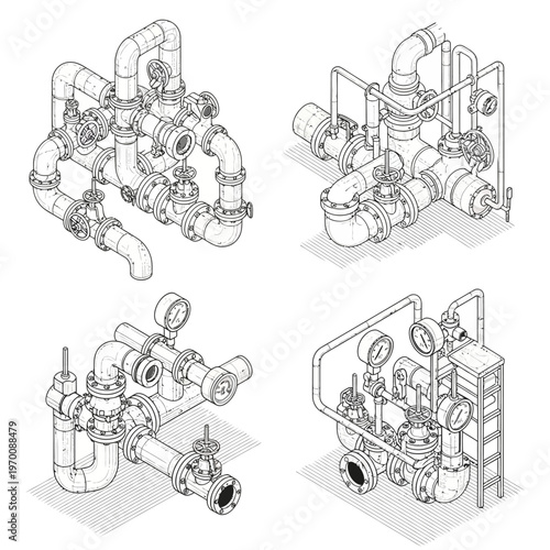 Isometric Line Art of Industrial Pipe Systems and Valves.