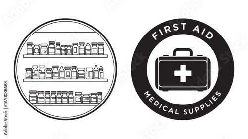 Vector illustration of essential medical and pharmacy icons, featuring a detailed medicine cabinet and a first aid kit emblem.