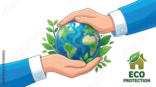 Eco friendly hands protecting the Earth globe with green leaves