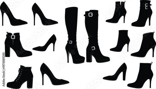 Women high heel shoes and boots silhouette collection, fashionable footwear vector set with stiletto heels ankle boots isolated fashion design