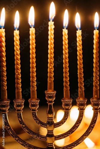 Wallpaper Mural Close-up shot of a traditional menorah with lit golden candles against a dark background with warm, soft lighting. Torontodigital.ca