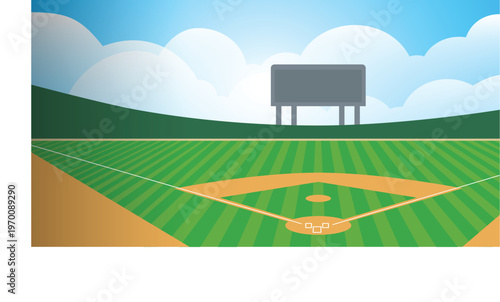 Vector baseball diamond baseball field with left copy space at daytime sky with infield dirt and outfield grass stock illustration