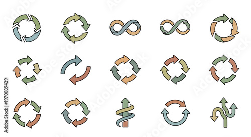 Collection of Circular Arrow Icons and Infinity Symbols for Cycle, Refresh, and Process Concepts