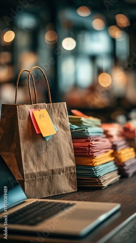 Craft Paper Bag with Colorful Tissue Paper and Laptop in Cafe Setting