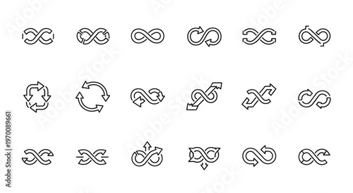 Distressed infinity symbols and loop icons set, endless cycle graphic elements