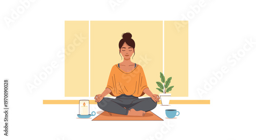 A peaceful woman sits in a meditative yoga pose on an orange mat surrounded by a glowing candle and a green plant in a room with soft yellow light.
