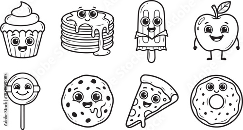 Assortment of cute, cartoonish food items with faces