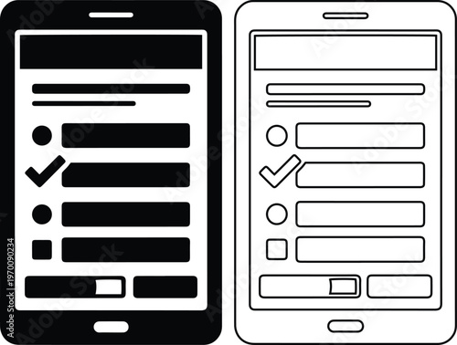 Vector icon set featuring a mobile smartphone displaying a digital checklist, survey form, and questionnaire with a checkmark in solid black silhouette and outline styles.