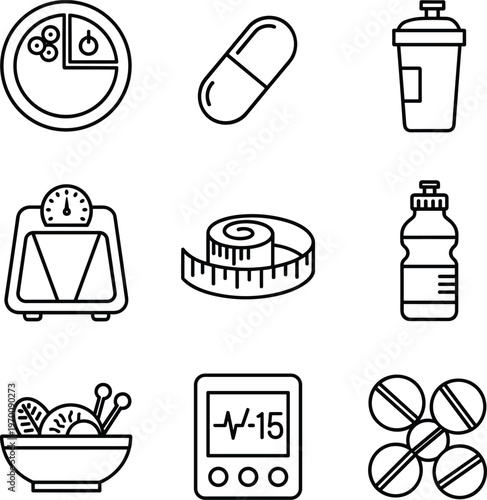 Nutrition and Diet Health Medical Icons Set Outline Vector Illustration