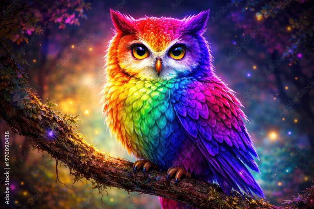 Fototapeta premium Vibrant owl in mystical forest.