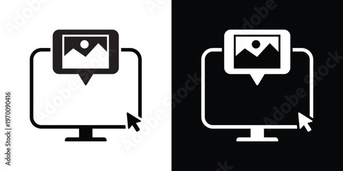 Laptop computer icon with a mouse cursor selecting a photo image thumbnail. Concept for digital photography, online gallery, content management, and media uploading software.