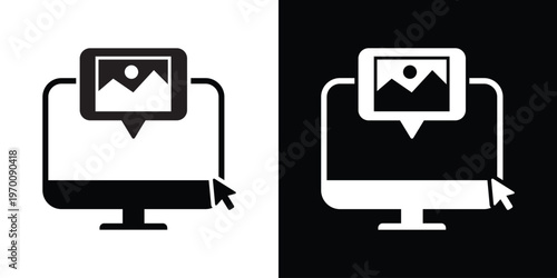 Laptop computer icon with a mouse cursor selecting a photo image thumbnail. Concept for digital photography, online gallery, content management, and media uploading software.