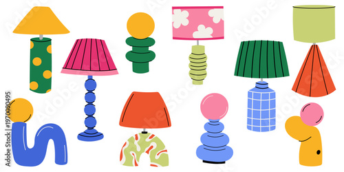 Modern Table Lamps Collection. Set of modern table lamps in flat style with abstract shapes and colorful designs. Trendy decorative lighting set perfect for interior, home decor and furniture design