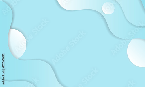 Abstract light blue paper cut background with fluid wavy shapes and circles.