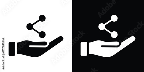 Human hand holding a curved arrow pointing right. Symbol for sharing content, forwarding information, giving, or distribution in a minimalist black and white vector style.