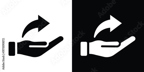Human hand holding a curved arrow pointing right. Symbol for sharing content, forwarding information, giving, or distribution in a minimalist black and white vector style.