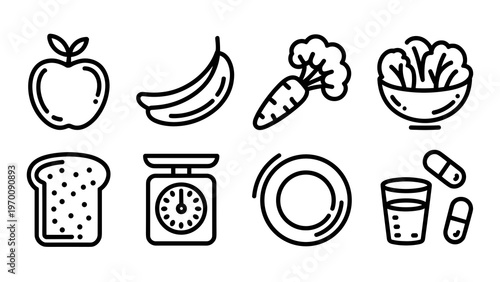 Healthy Meal & Nutrition Line Icon Set  Fruits, Veggies & Balanced Diet