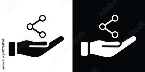 Human hand holding a curved arrow pointing right. Symbol for sharing content, forwarding information, giving, or distribution in a minimalist black and white vector style.