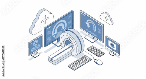 Isometric Medical MRI Scanner and Diagnostic Equipment with Cloud Data Analysis and Healthcare Technology Illustration