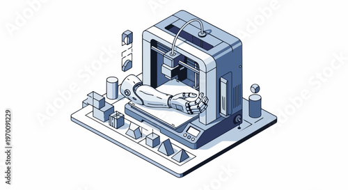Isometric Illustration of a 3D Printer Manufacturing a Robotic Bionic Arm, Future Technology and Additive Manufacturing Concept