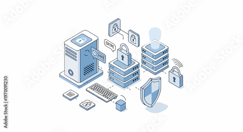 Isometric Cybersecurity Network Illustration with Data Servers, Padlocks and Protective Shield Concept