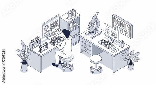 Isometric Scientist Working in Laboratory with Microscope and Data Analysis Line Art Illustration