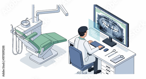 Isometric Dentist Working at Computer Analyzing Panoramic Dental X-ray in Modern Medical Clinic with Professional Equipment and Dental Chair